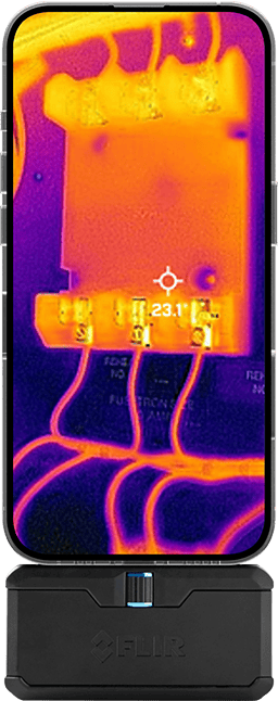 FLIR thermal camera on a smartphone, thermograph of a terminal block